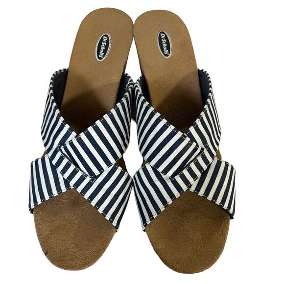 Dr. Scholl's Selma Wedge Sandals size 8.5 Navy/White Striped Fabric Cross Strap - Picture 2 of 7